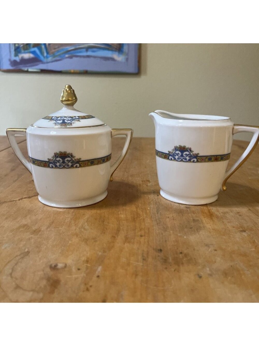 Pirkenhammer Czechoslovakia Cream & Sugar w/ Lid marienbad Gilded Blue Floral